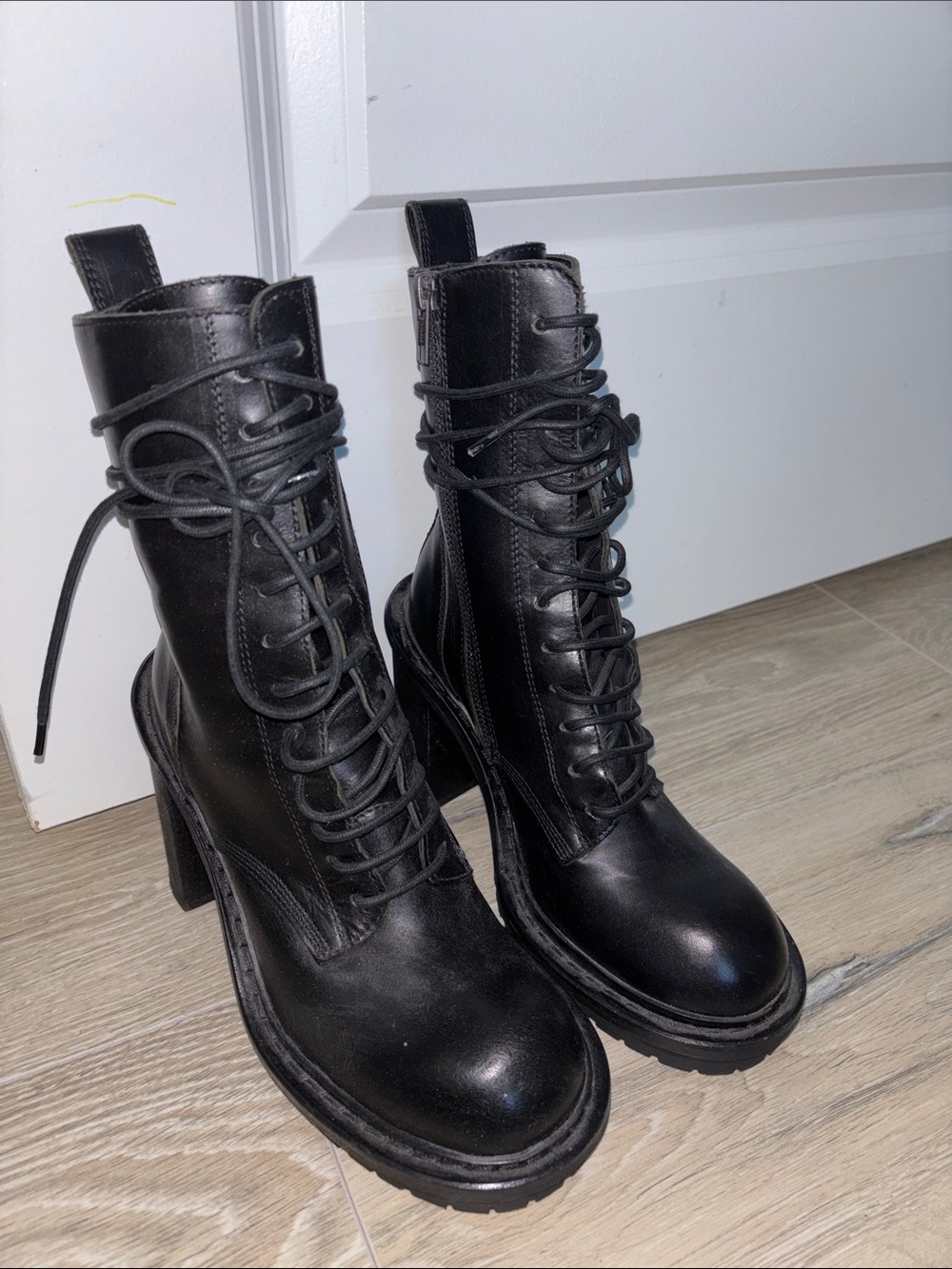 ann demulemeester Black Lace-Up Leather Combat Heeled Boots